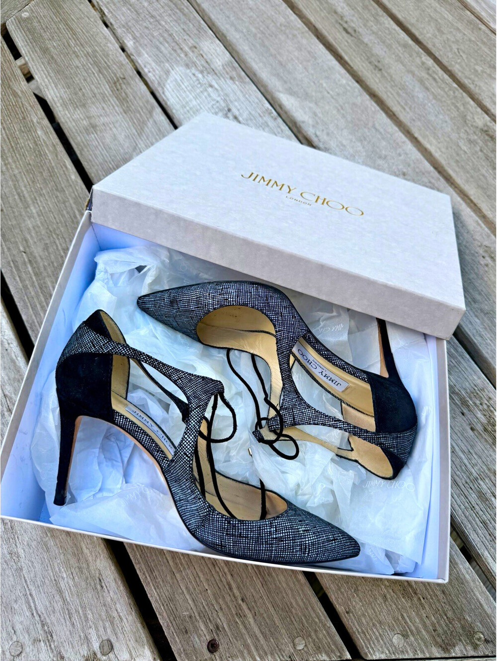 Jimmy Choo Black Suede Textured Leather Tie-Cord Pumps US 8 Made in Italy